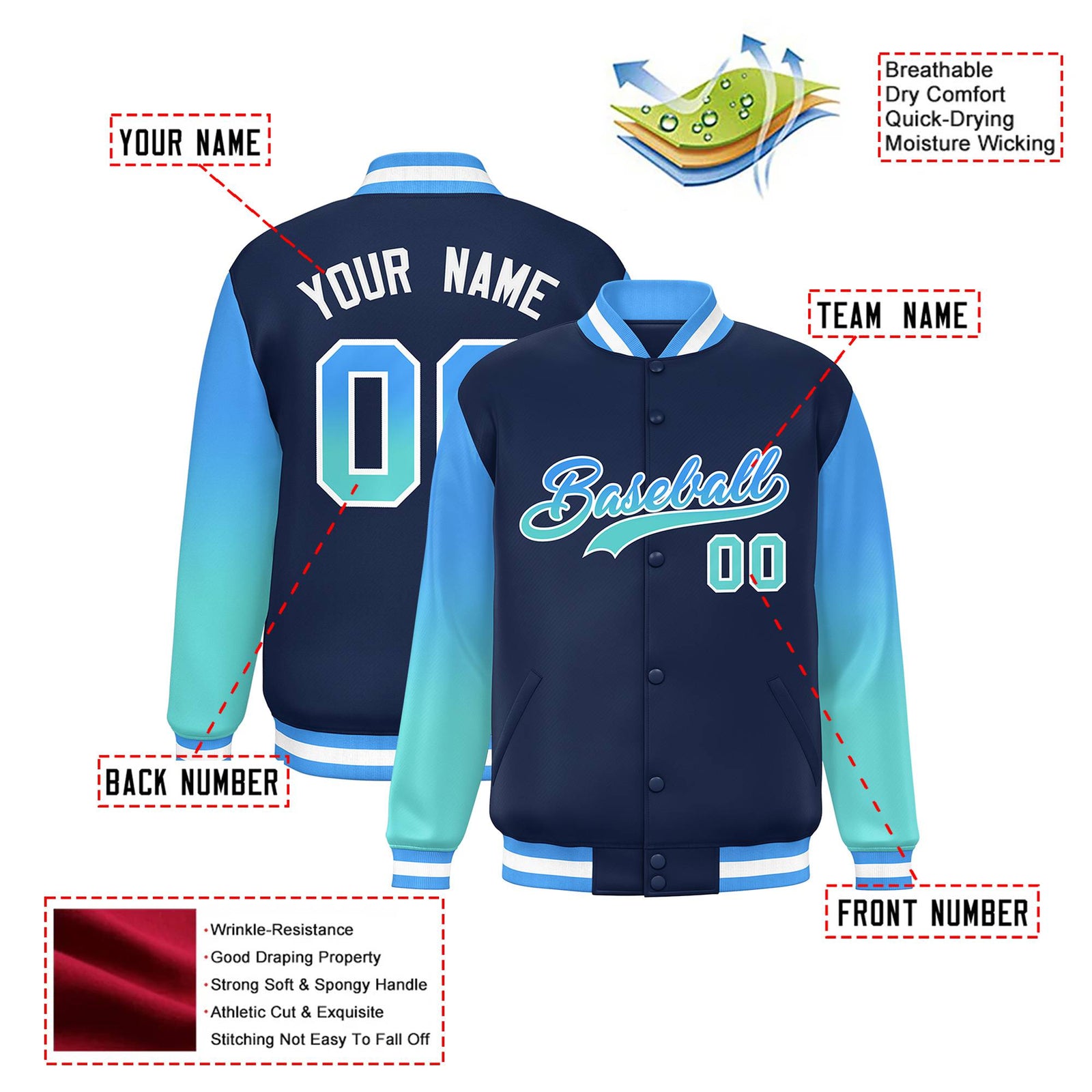 Custom Navy Powder Blue-Aqua Varsity Full-Snap Sleeve Gradient Fashion Letterman Baseball Jacket