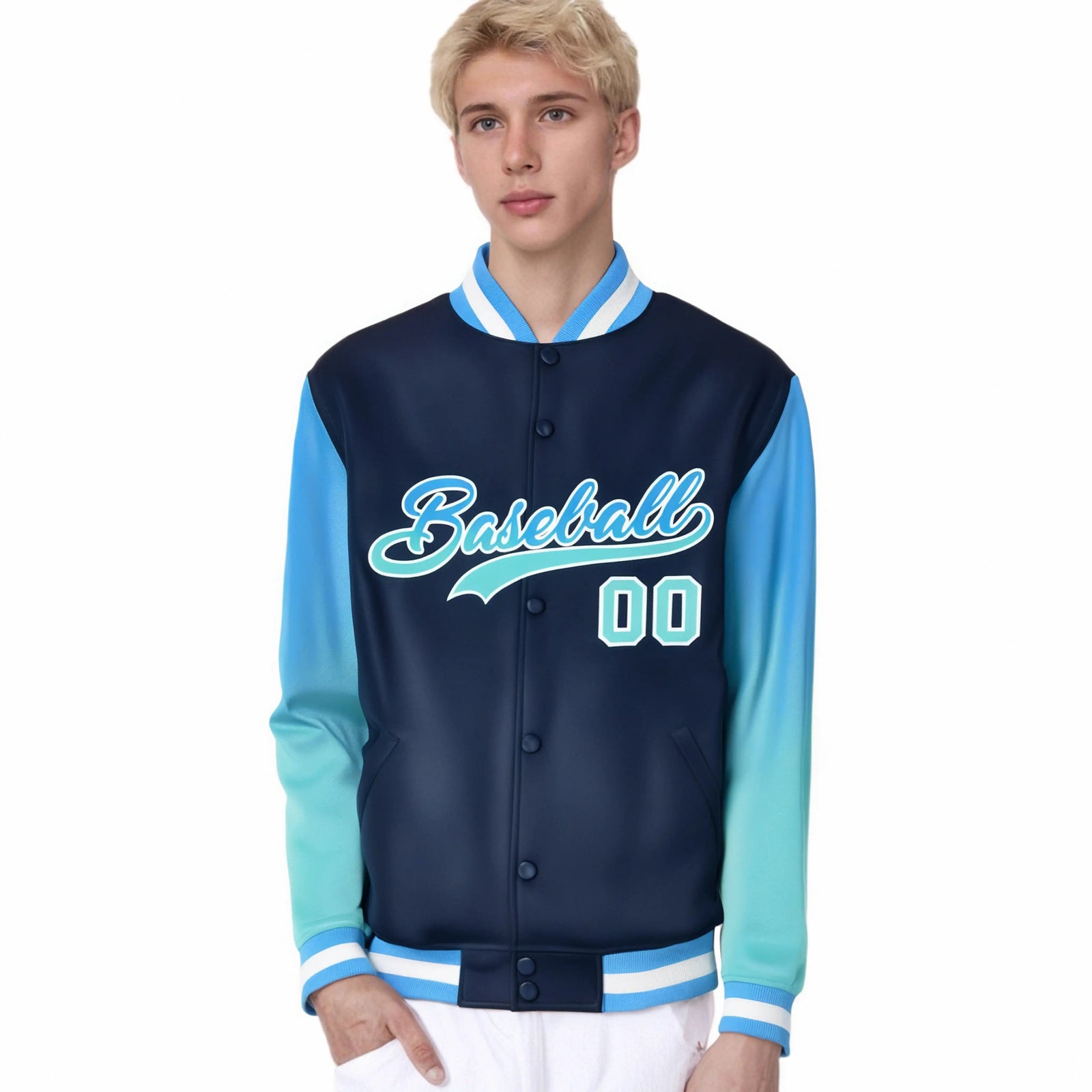Custom Navy Powder Blue-Aqua Varsity Full-Snap Sleeve Gradient Fashion Letterman Baseball Jacket