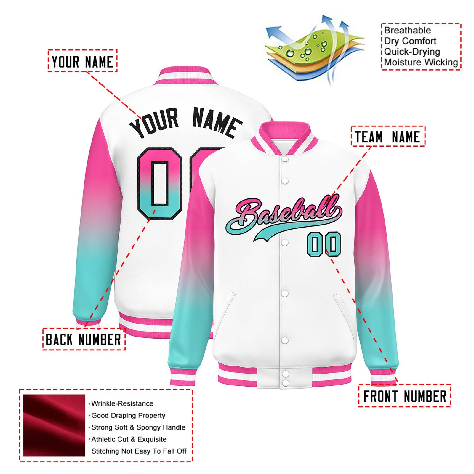 Custom White Pink-Aqua Varsity Full-Snap Sleeve Gradient Fashion Letterman Baseball Jacket