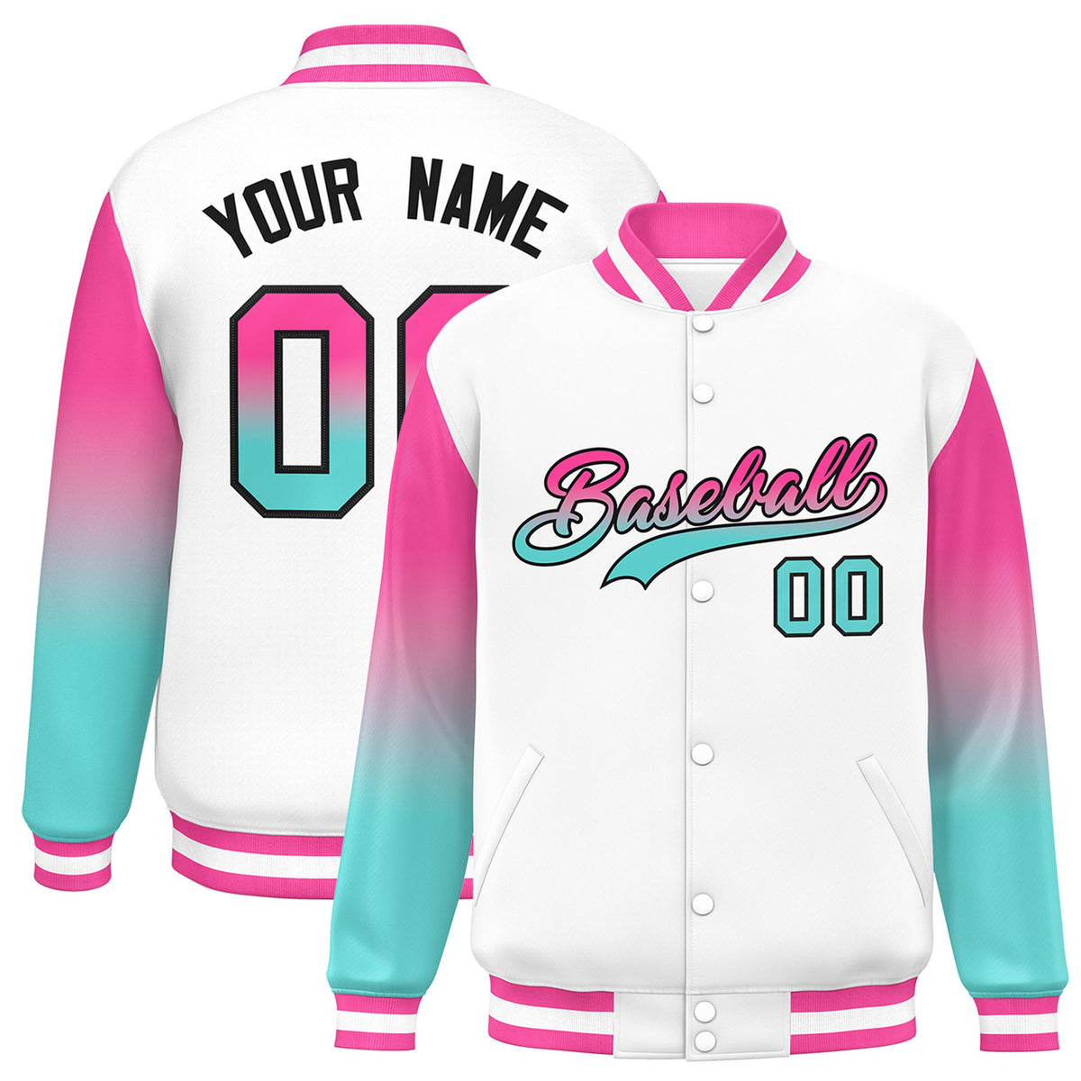 Custom White Pink-Aqua Varsity Full-Snap Sleeve Gradient Fashion Letterman Baseball Jacket