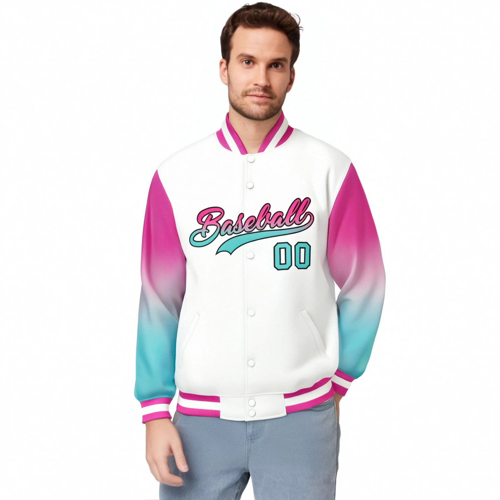 Custom White Pink-Aqua Varsity Full-Snap Sleeve Gradient Fashion Letterman Baseball Jacket