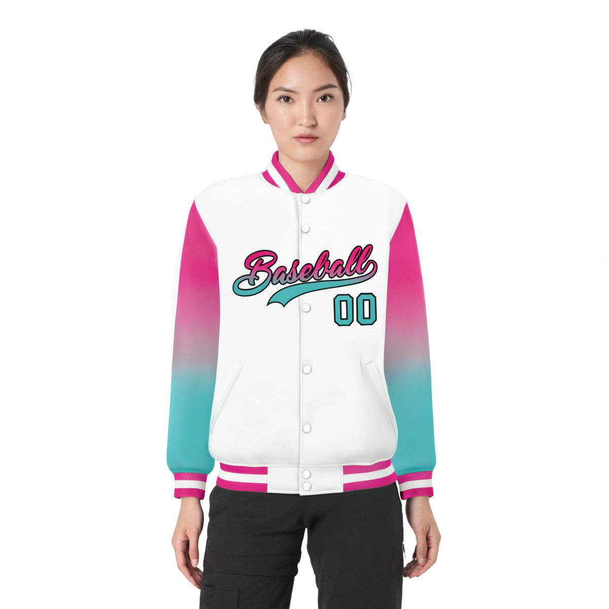 Custom White Pink-Aqua Varsity Full-Snap Sleeve Gradient Fashion Letterman Baseball Jacket