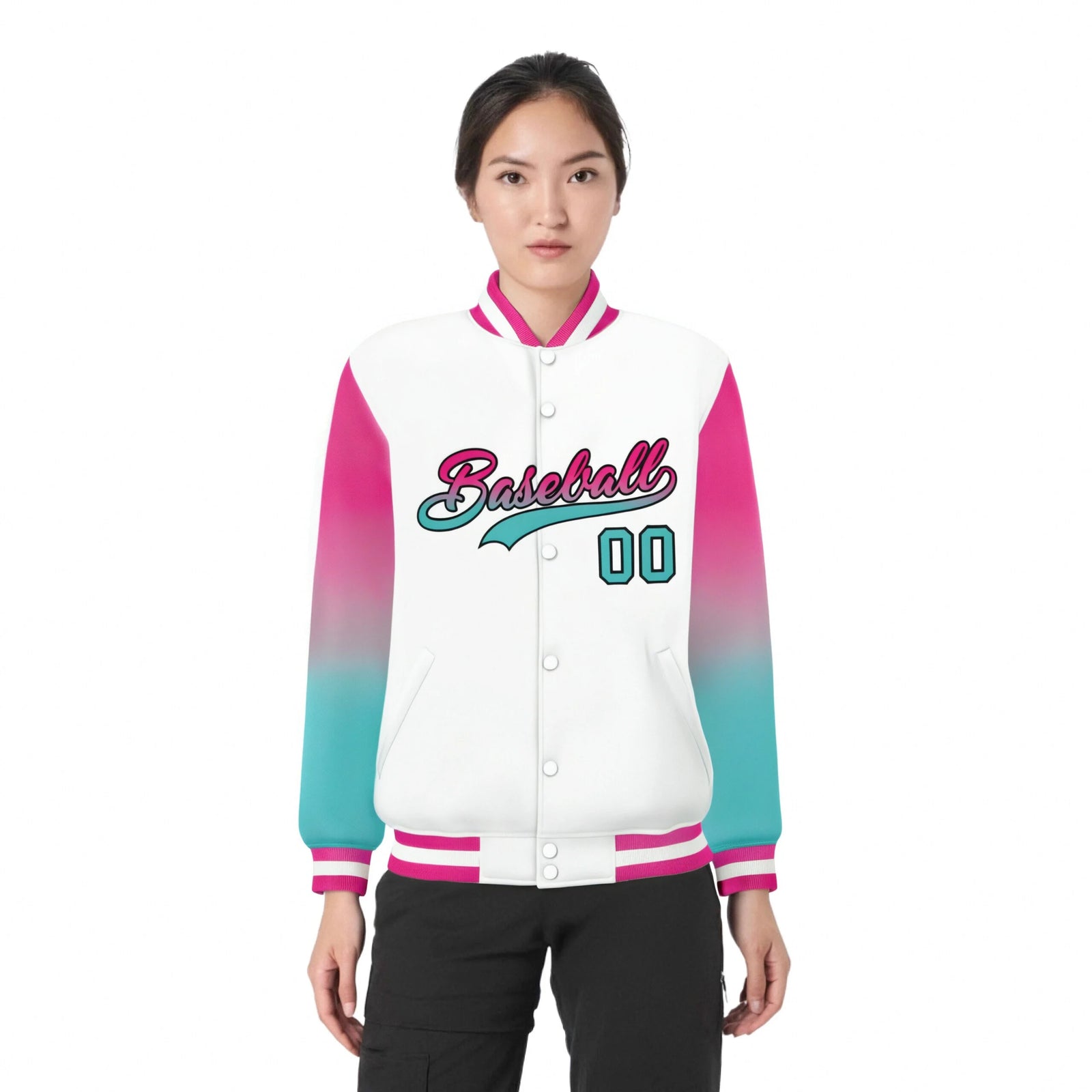 Custom White Pink-Aqua Varsity Full-Snap Sleeve Gradient Fashion Letterman Baseball Jacket