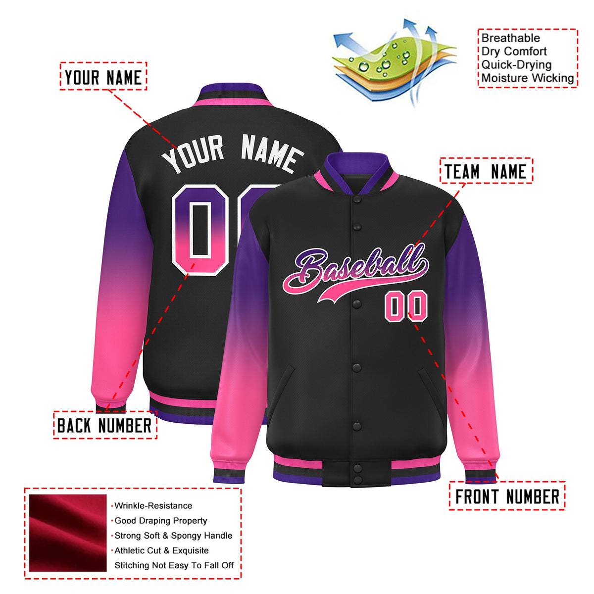 Custom Black Purple-Pink Varsity Full-Snap Sleeve Gradient Fashion Letterman Baseball Jacket
