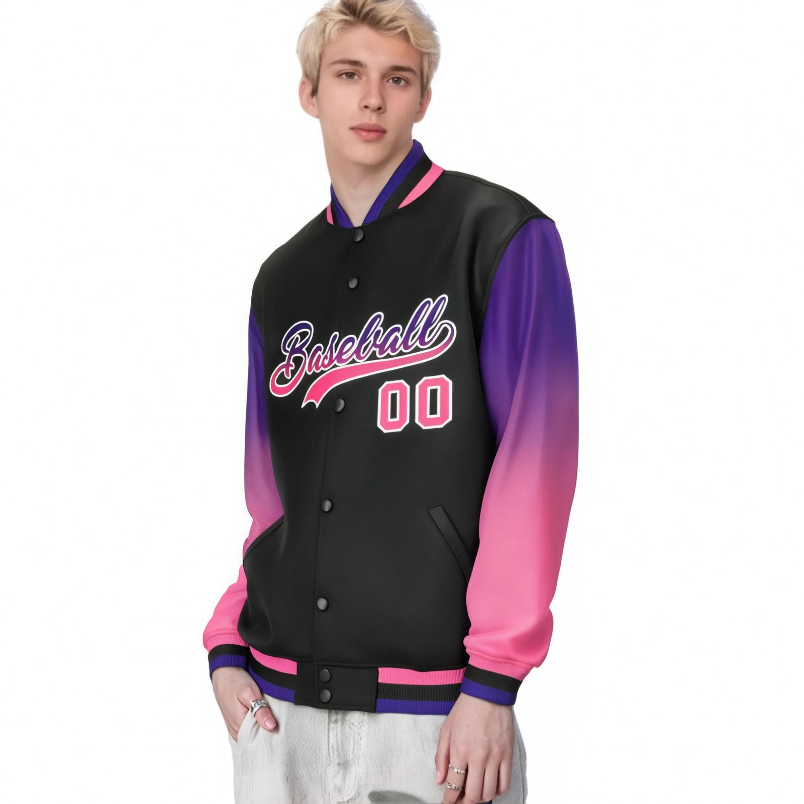 Custom Black Purple-Pink Varsity Full-Snap Sleeve Gradient Fashion Letterman Baseball Jacket