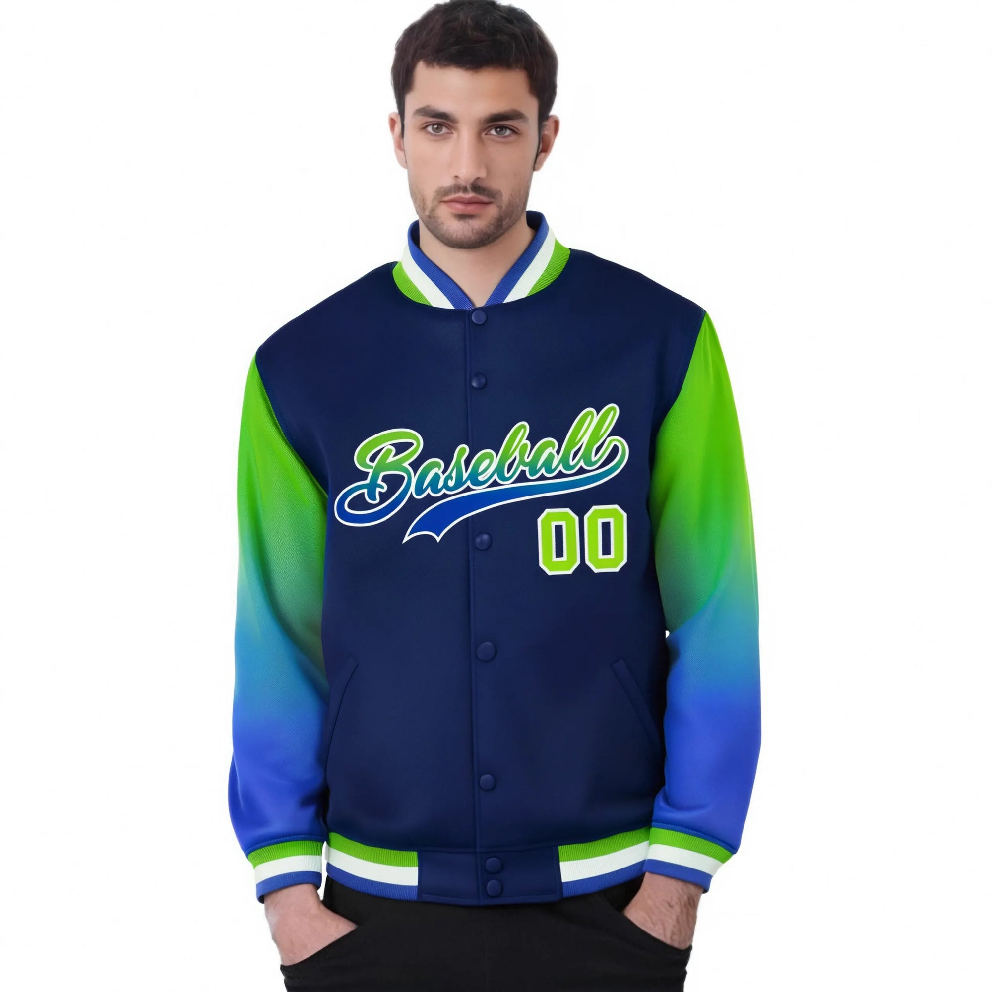 Custom Navy Neon Green-Royal Blue Varsity Full-Snap Sleeve Gradient Fashion Letterman Baseball Jacket