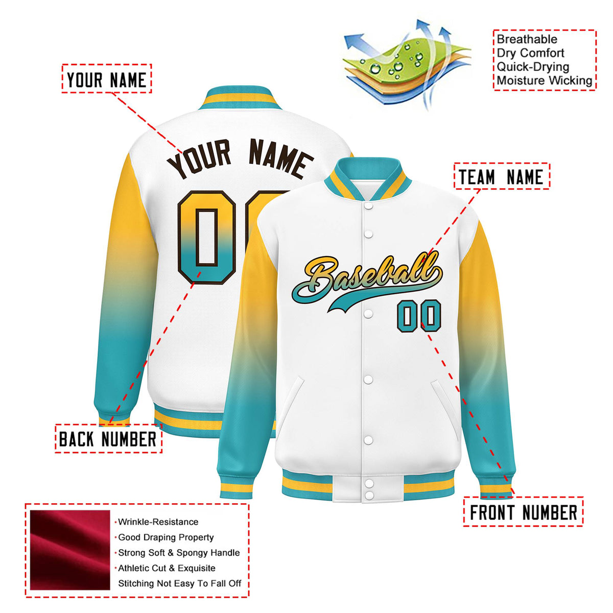 Custom White Yellow-Aqua Varsity Full-Snap Sleeve Gradient Fashion Letterman Baseball Jacket