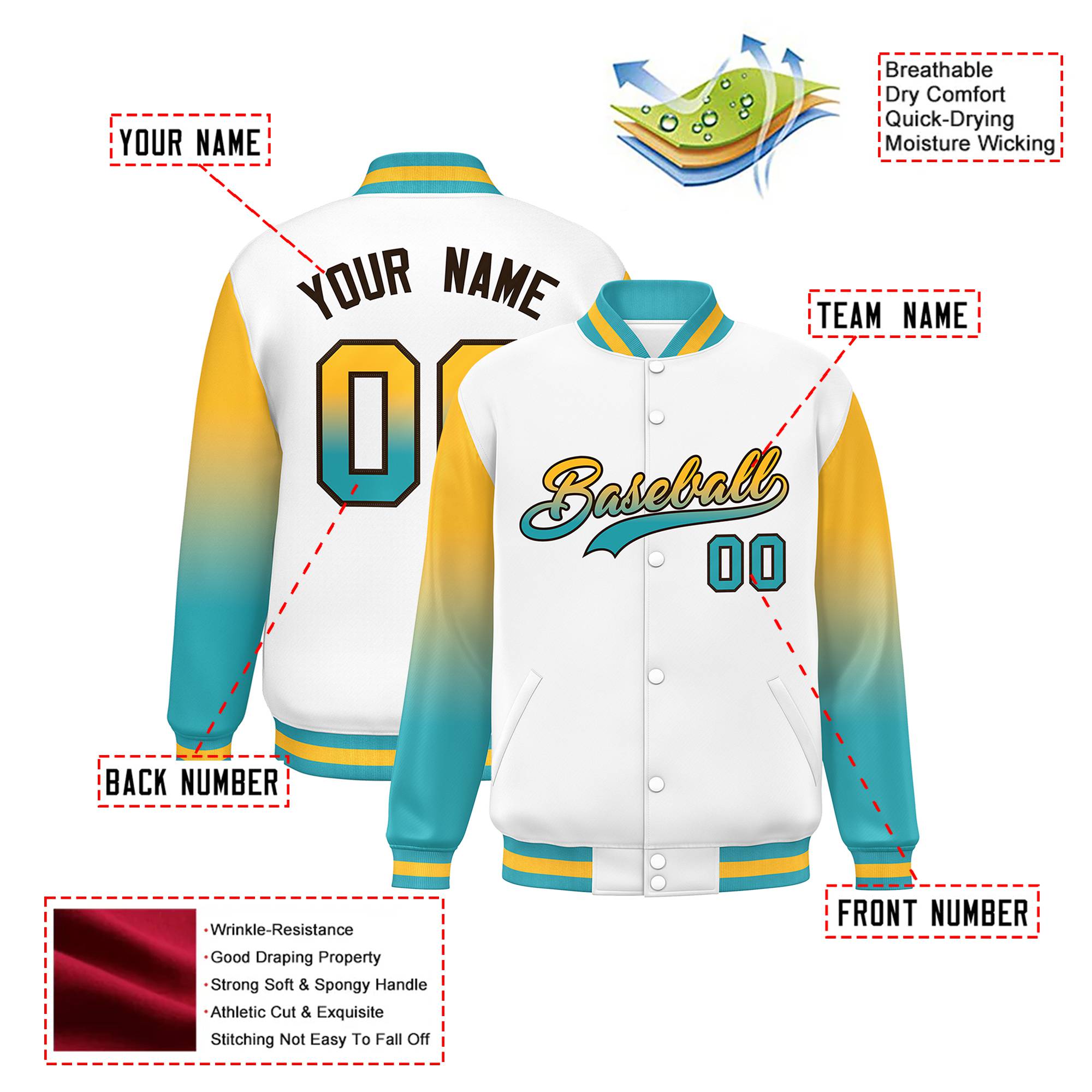 Custom White Yellow-Aqua Varsity Full-Snap Sleeve Gradient Fashion Letterman Baseball Jacket