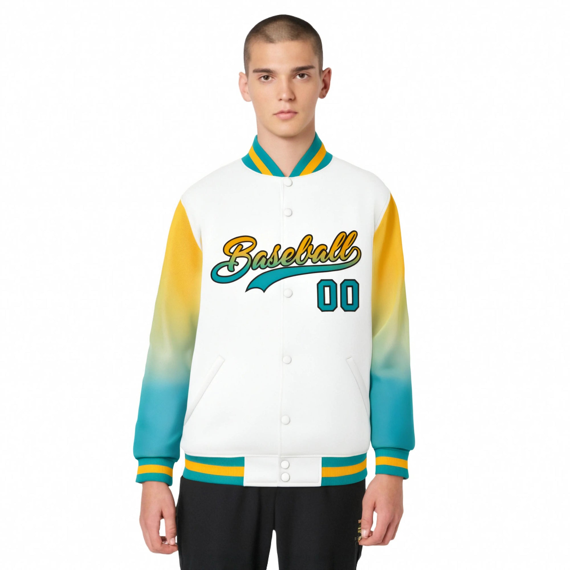 Custom White Yellow-Aqua Varsity Full-Snap Sleeve Gradient Fashion Letterman Baseball Jacket