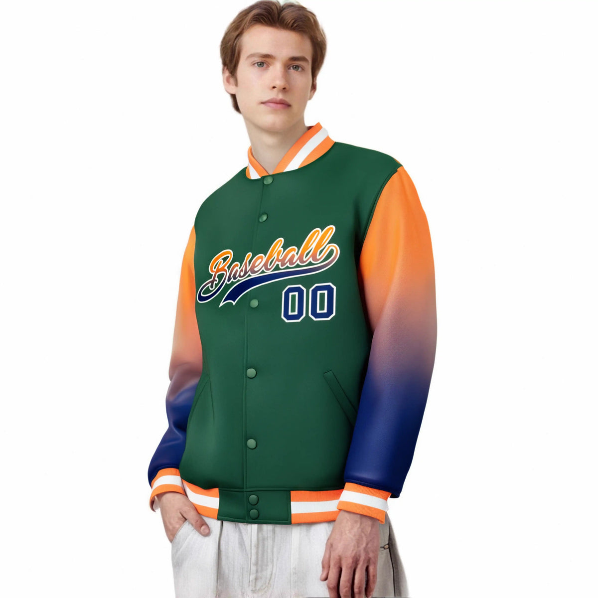 Custom Green Orange-Royal Blue Varsity Full-Snap Sleeve Gradient Fashion Letterman Baseball Jacket