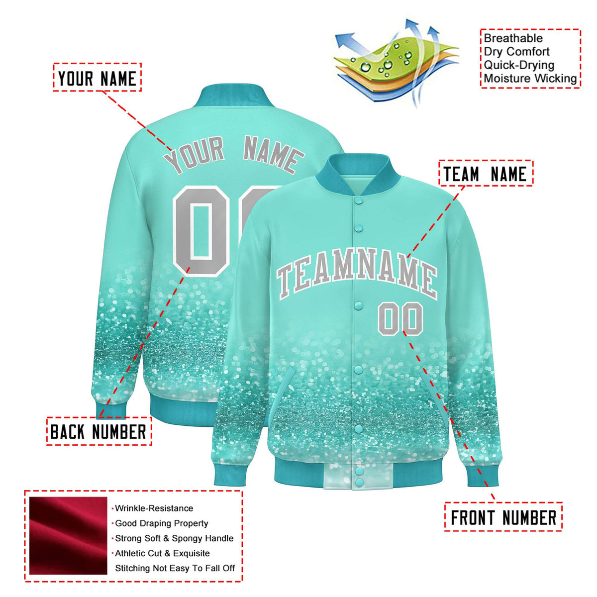 Custom Aqua Varsity Full-Snap Sequins Pattern Letterman Baseball Jacket