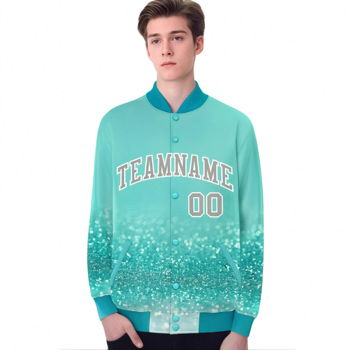 Custom Aqua Varsity Full-Snap Sequins Pattern Letterman Baseball Jacket