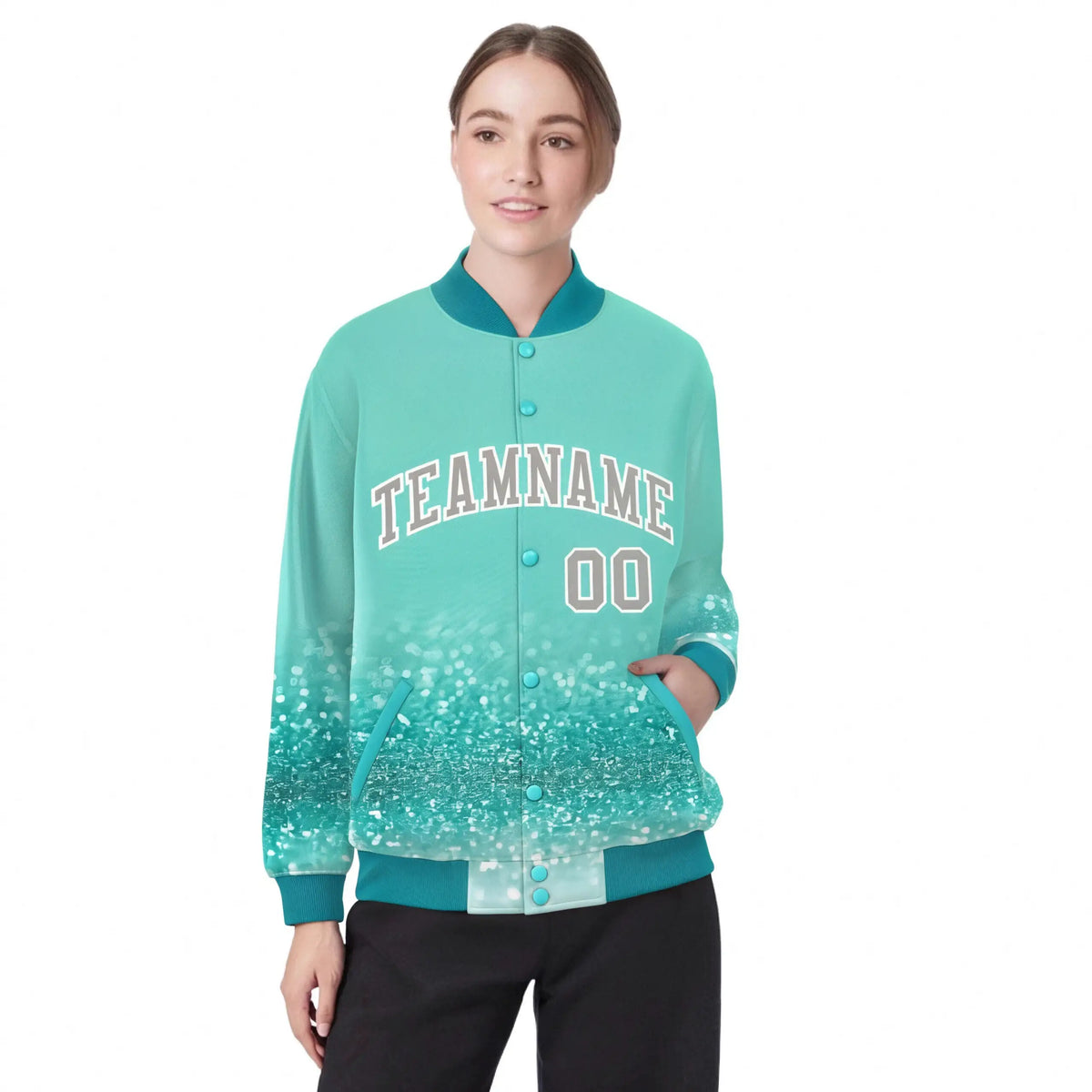Custom Aqua Varsity Full-Snap Sequins Pattern Letterman Baseball Jacket
