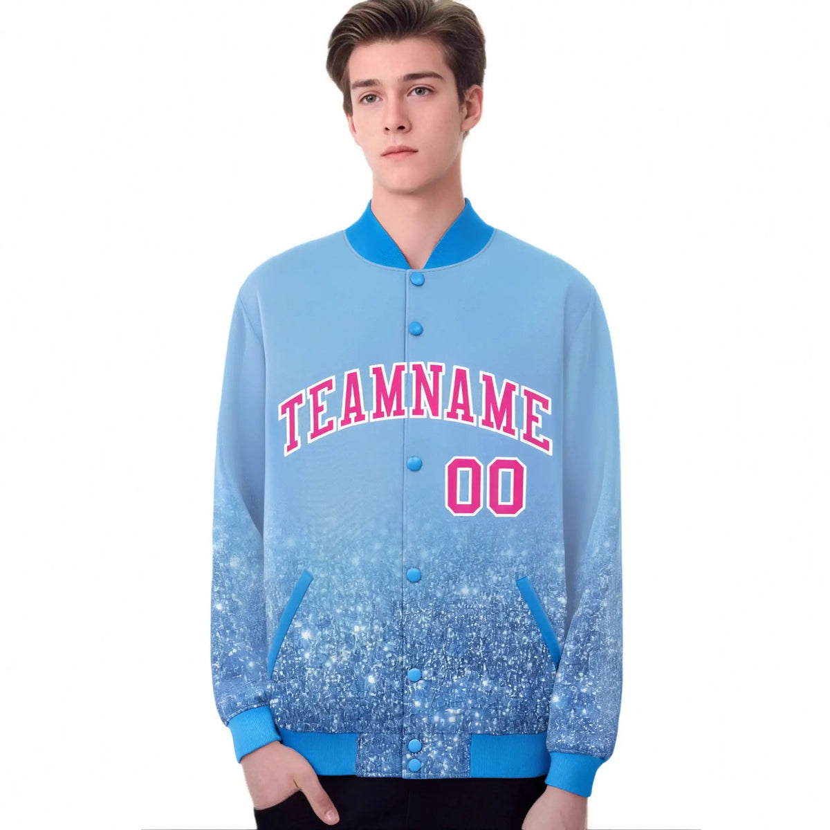 Custom Powder Blue Varsity Full-Snap Sequins Pattern Letterman Baseball Jacket