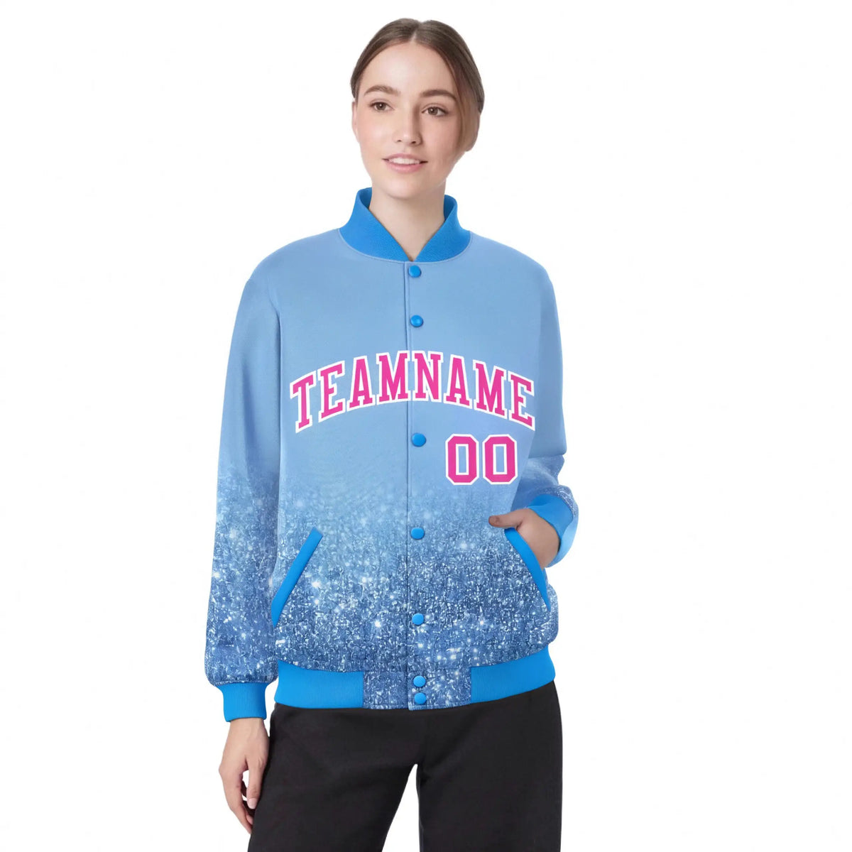 Custom Powder Blue Varsity Full-Snap Sequins Pattern Letterman Baseball Jacket