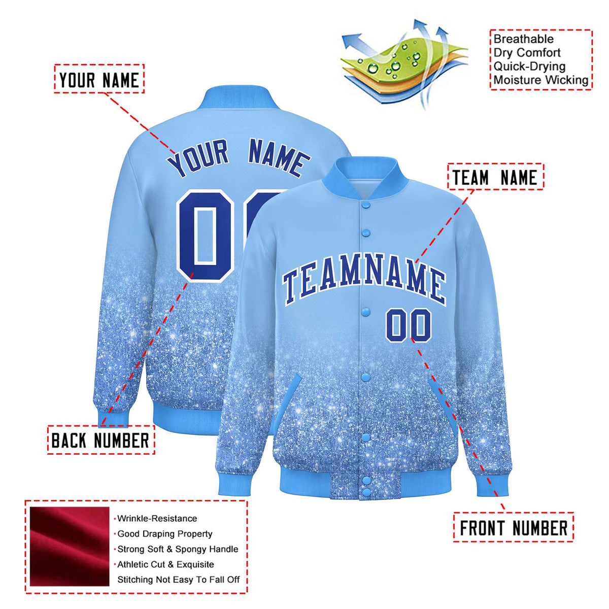 Custom Powder Blue Varsity Full-Snap Sequins Pattern Letterman Baseball Jacket