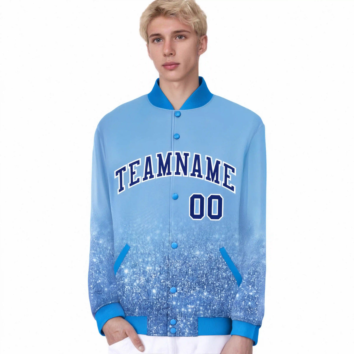 Custom Powder Blue Varsity Full-Snap Sequins Pattern Letterman Baseball Jacket