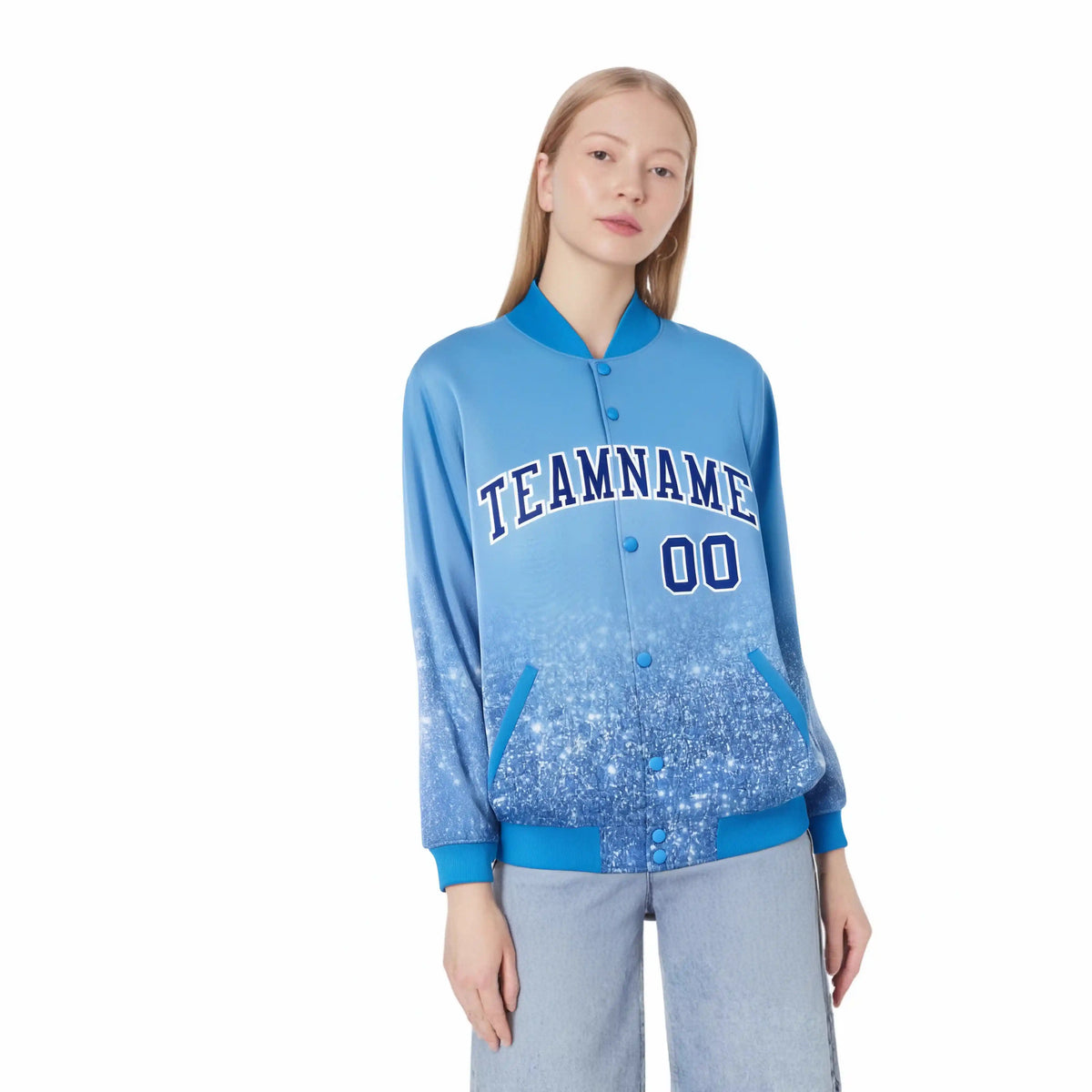 Custom Powder Blue Varsity Full-Snap Sequins Pattern Letterman Baseball Jacket