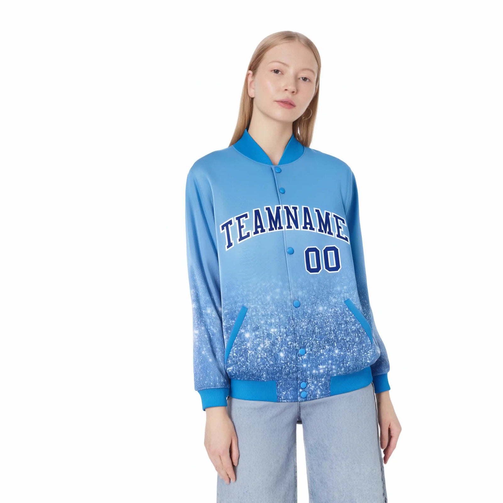 Custom Powder Blue Varsity Full-Snap Sequins Pattern Letterman Baseball Jacket