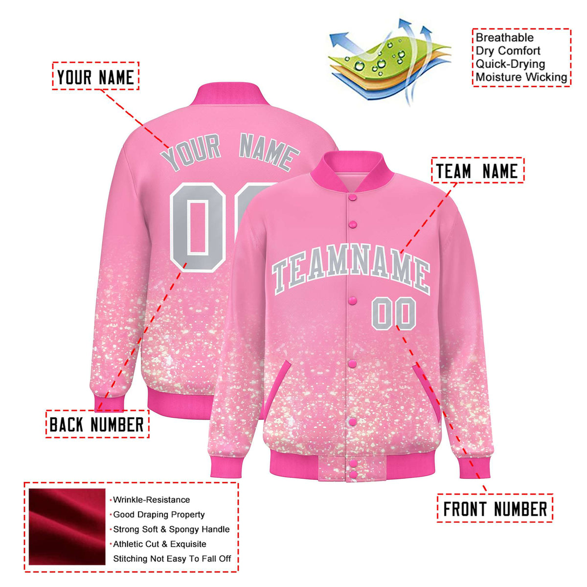 Custom Light Pink Varsity Full-Snap Sequins Pattern Letterman Baseball Jacket