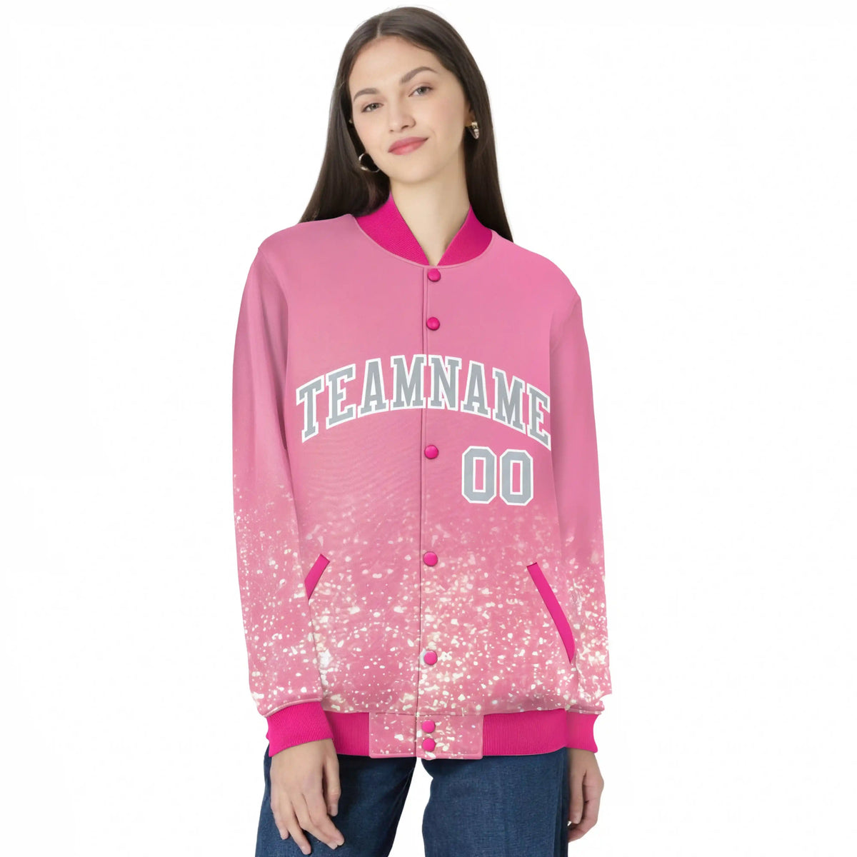 Custom Light Pink Varsity Full-Snap Sequins Pattern Letterman Baseball Jacket