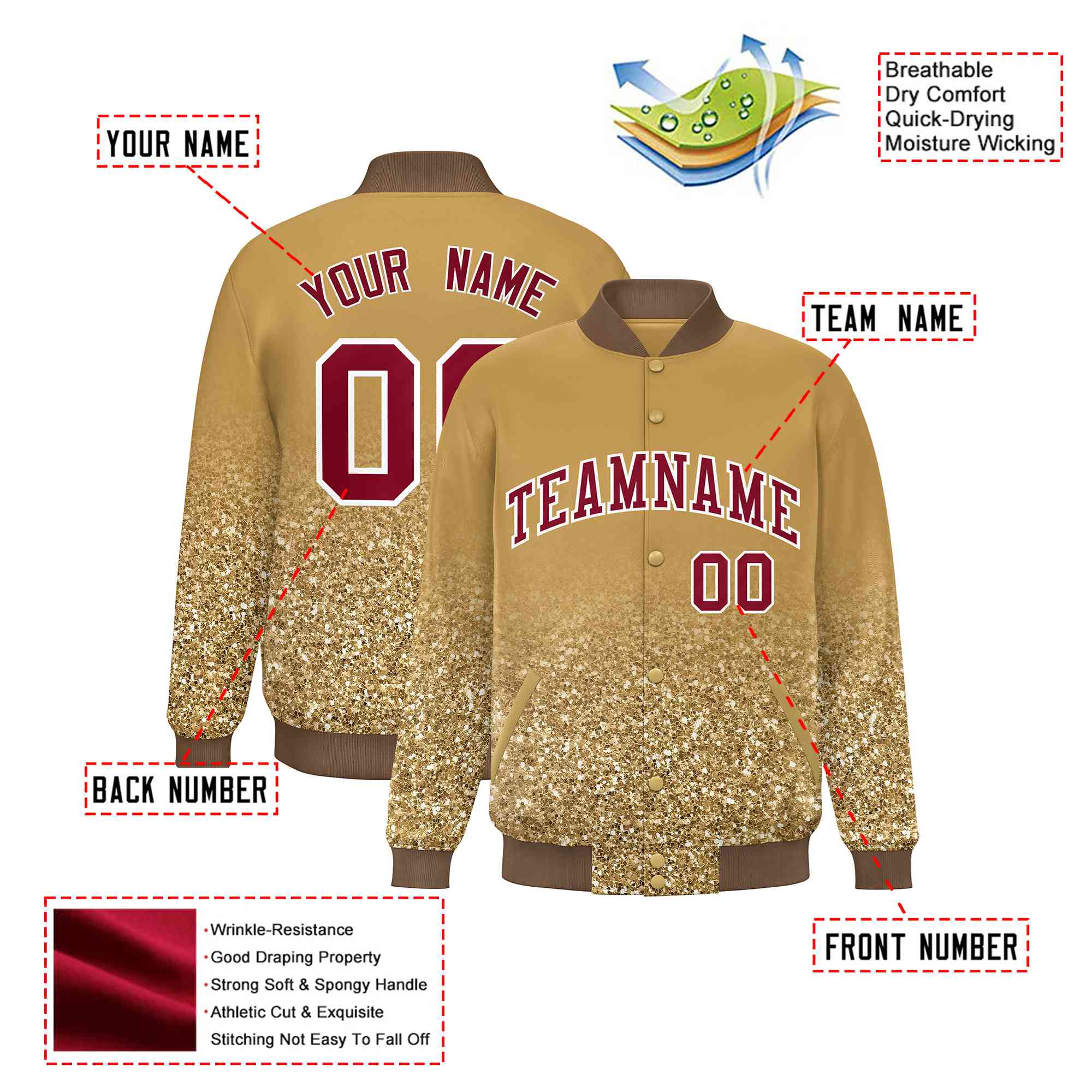 Custom Old-Gold Varsity Full-Snap Sequins Pattern Letterman Baseball Jacket