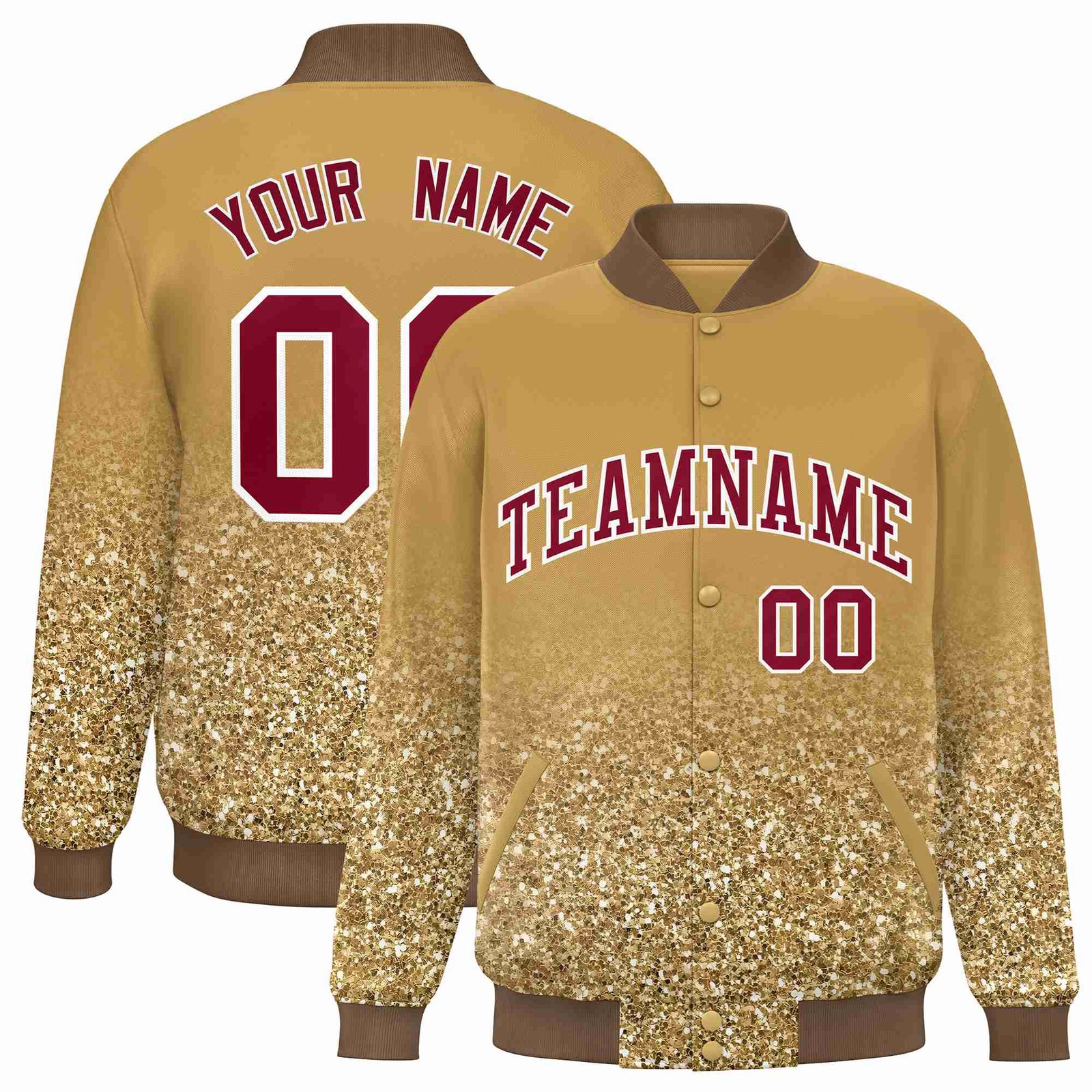 Custom Old-Gold Varsity Full-Snap Sequins Pattern Letterman Baseball Jacket