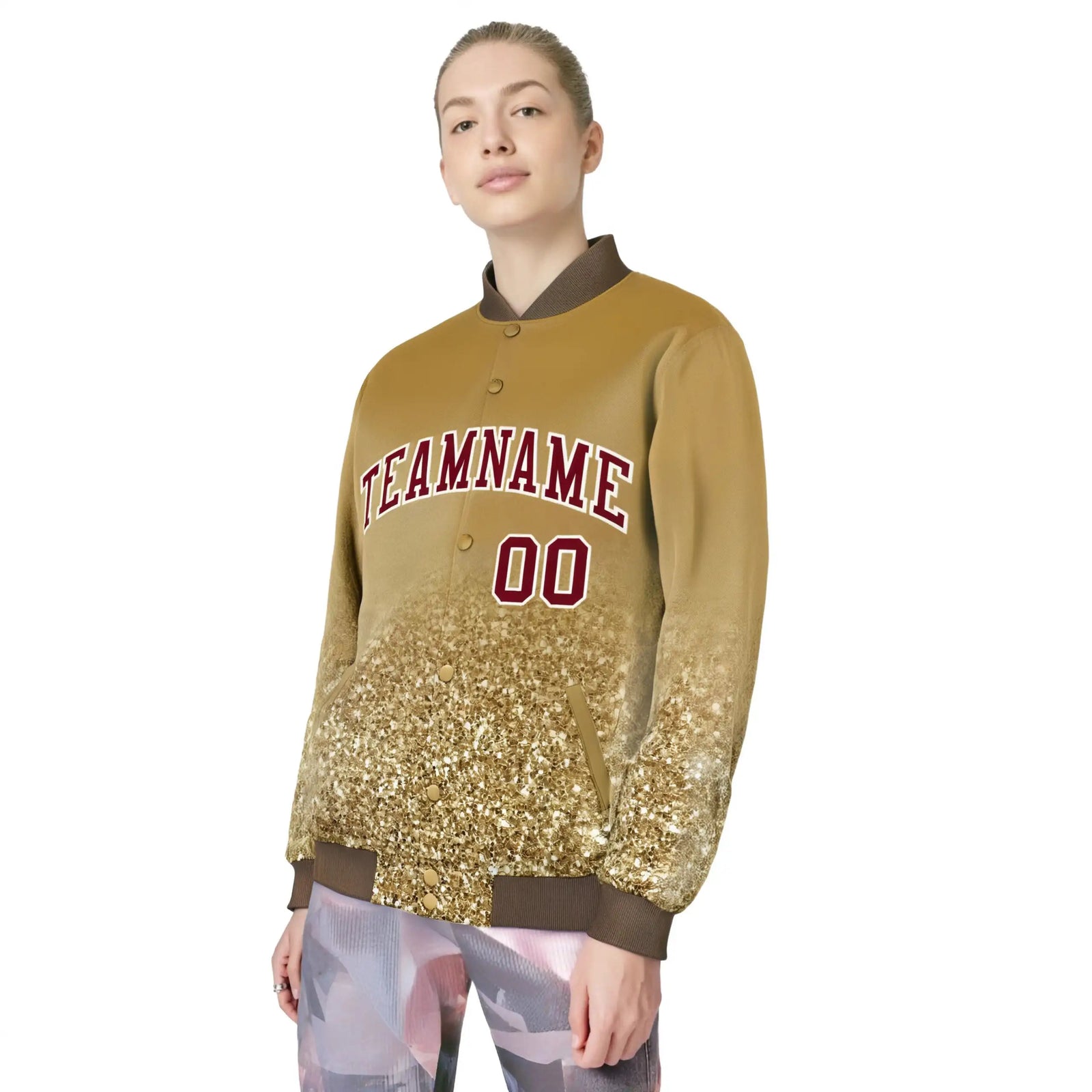 Custom Old-Gold Varsity Full-Snap Sequins Pattern Letterman Baseball Jacket