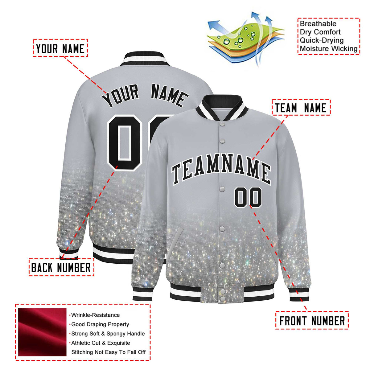 Custom Gray Varsity Full-Snap Sequins Pattern Letterman Baseball Jacket