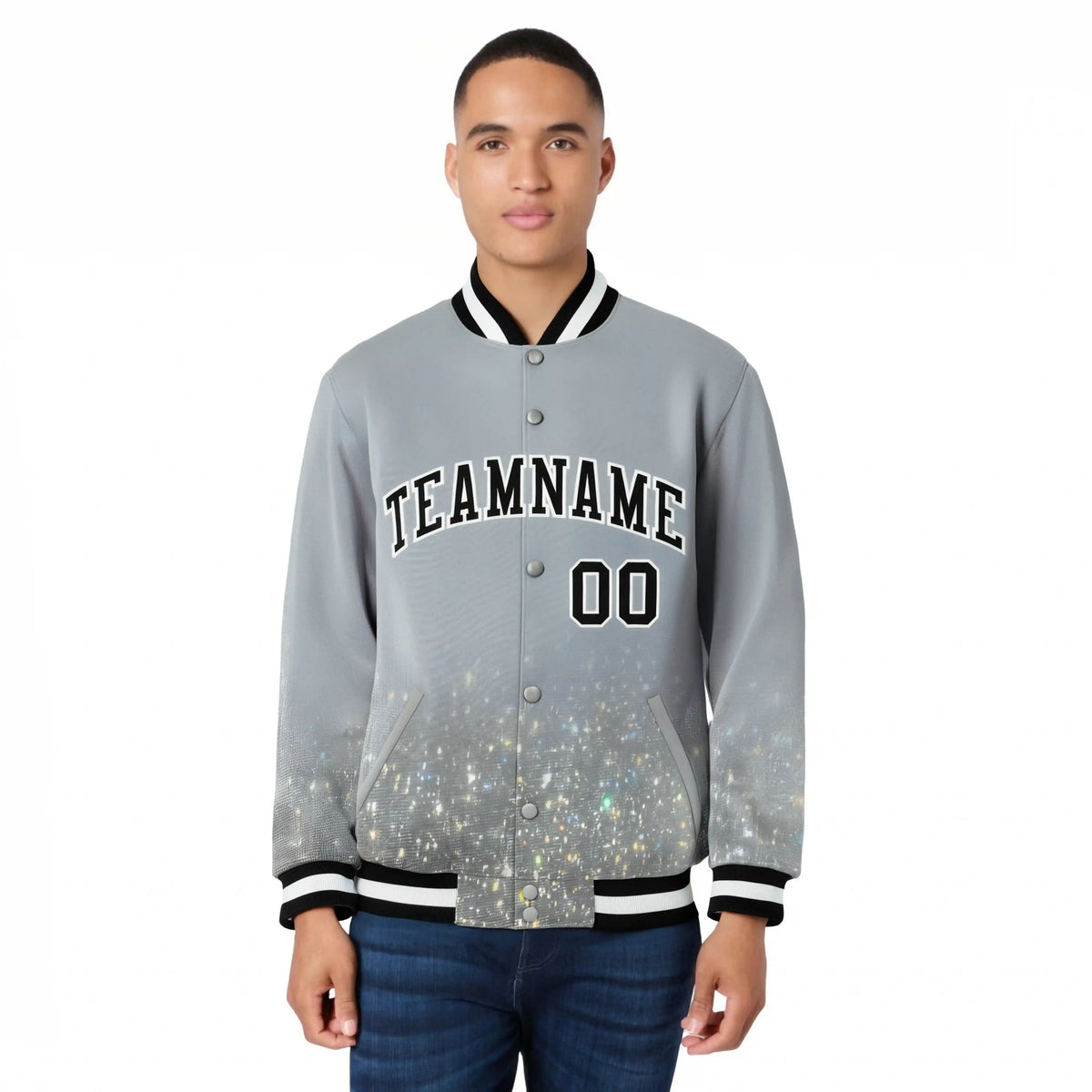 Custom Gray Varsity Full-Snap Sequins Pattern Letterman Baseball Jacket
