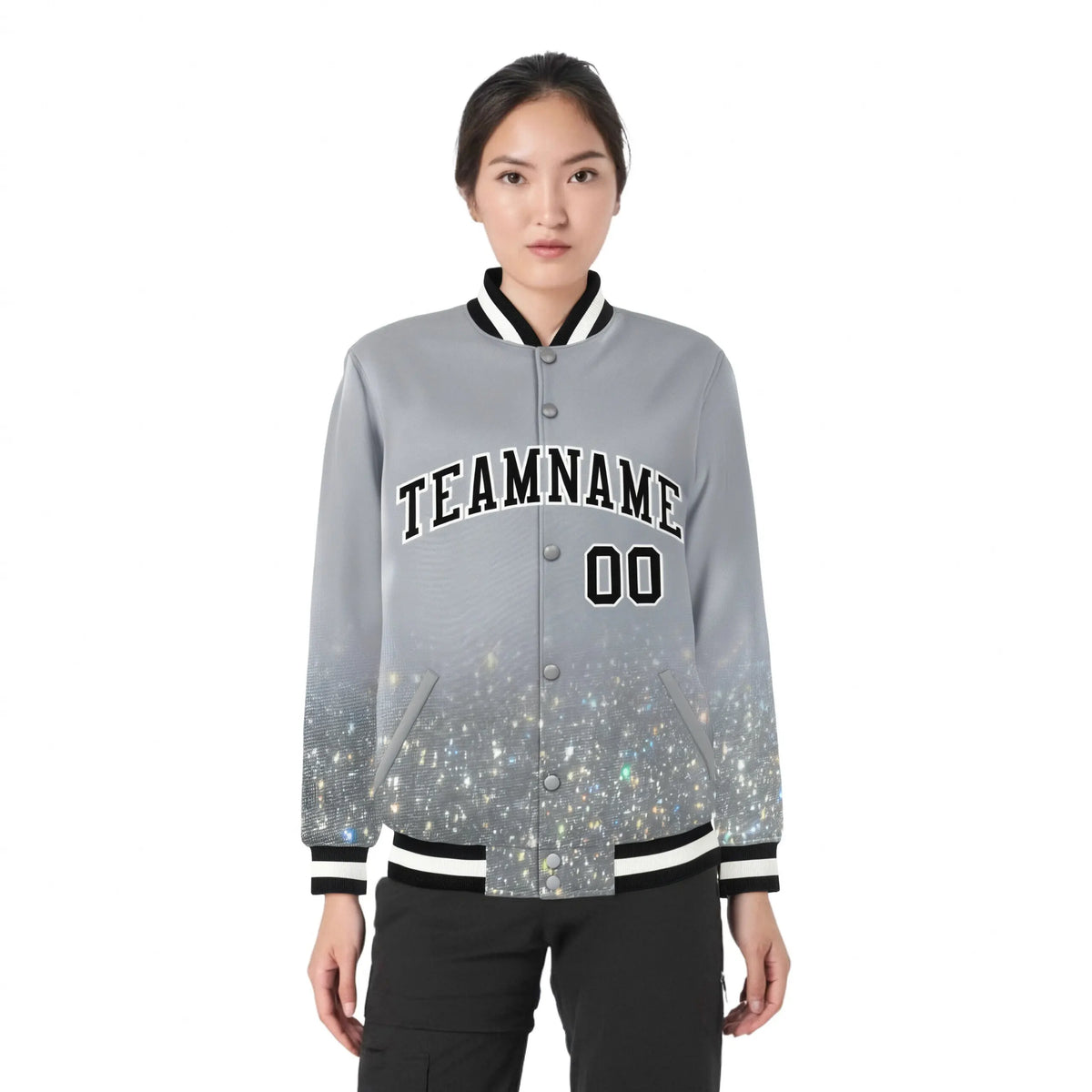 Custom Gray Varsity Full-Snap Sequins Pattern Letterman Baseball Jacket