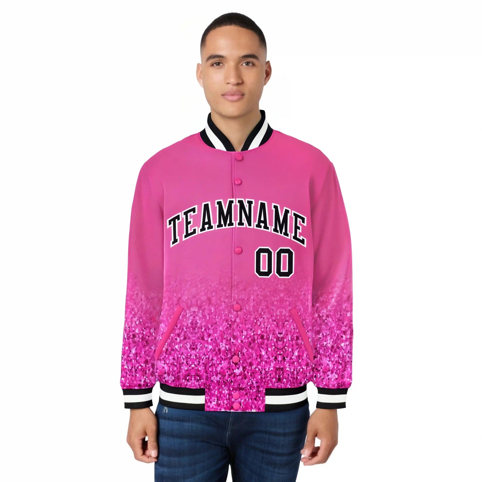 Custom Pink Varsity Full-Snap Sequins Pattern Letterman Baseball Jacket