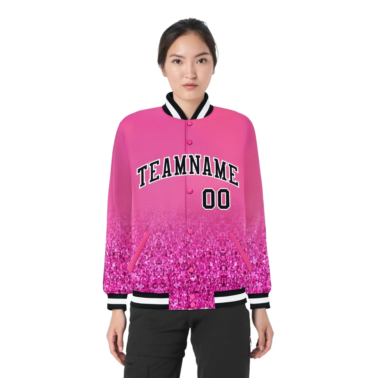 Custom Pink Varsity Full-Snap Sequins Pattern Letterman Baseball Jacket