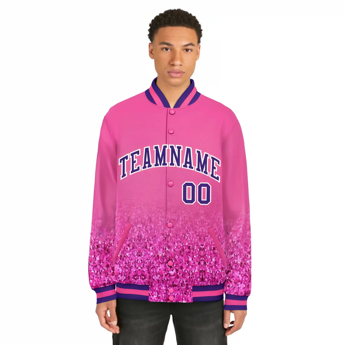 Custom Pink Varsity Full-Snap Sequins Pattern Letterman Baseball Jacket