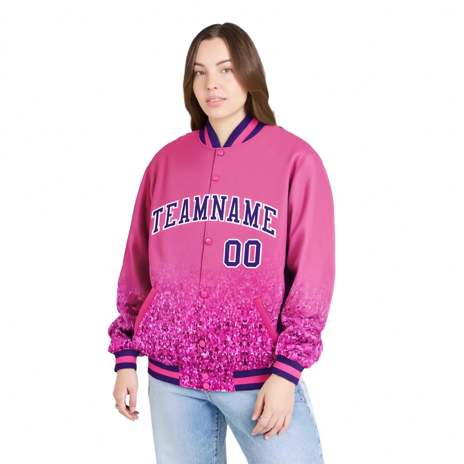 Custom Pink Varsity Full-Snap Sequins Pattern Letterman Baseball Jacket