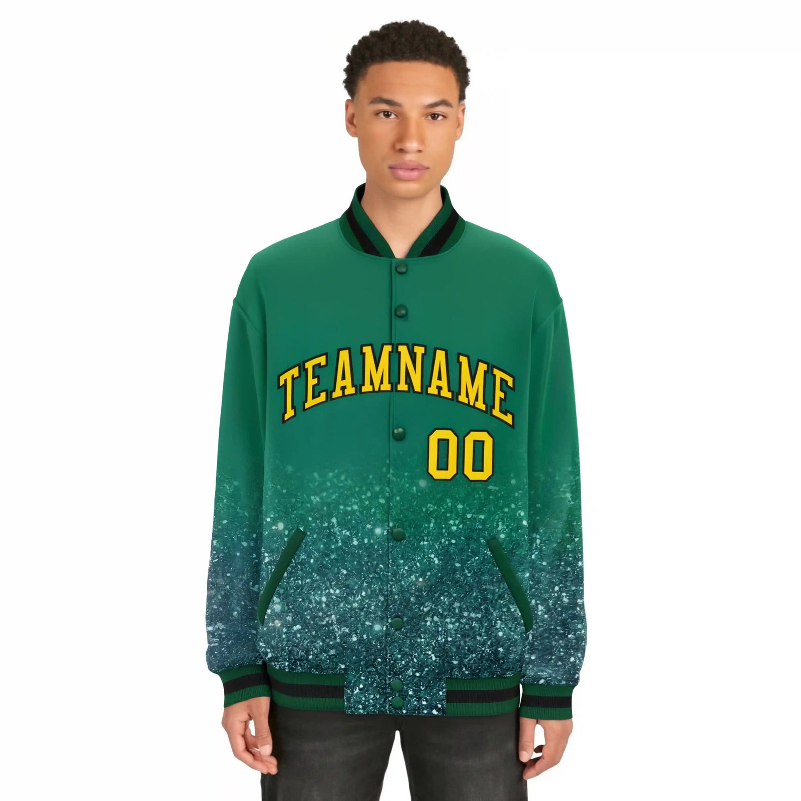 Custom Kelly Green Varsity Full-Snap Sequins Pattern Letterman Baseball Jacket