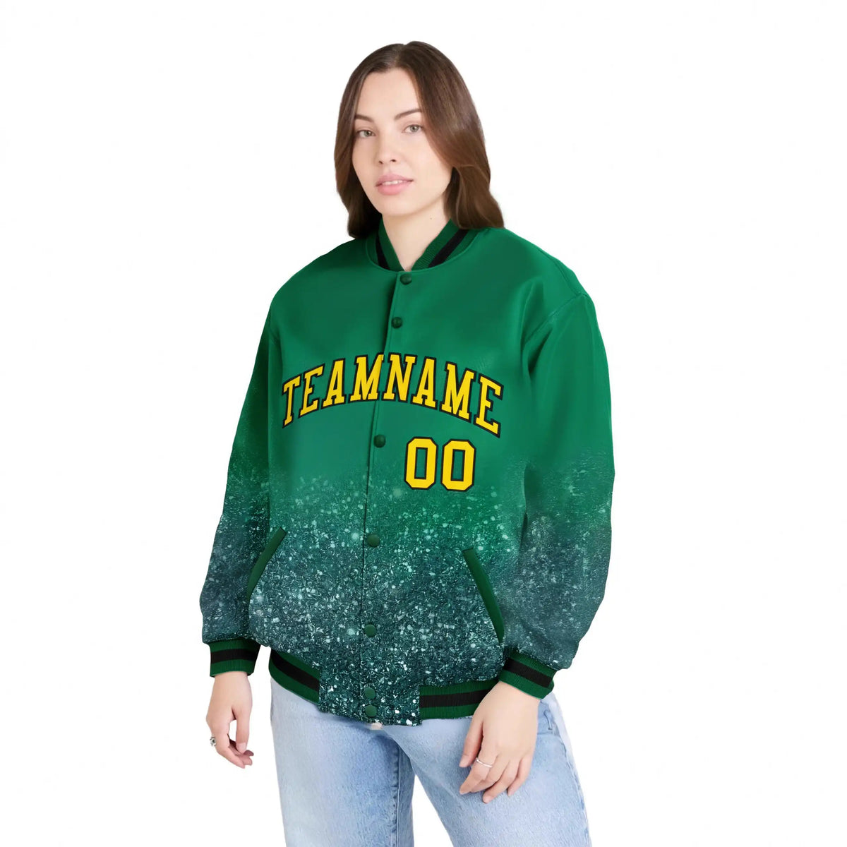 Custom Kelly Green Varsity Full-Snap Sequins Pattern Letterman Baseball Jacket
