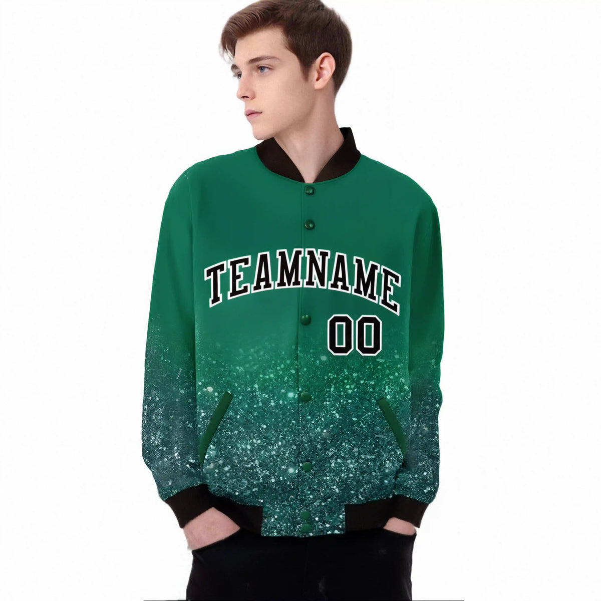 Custom Kelly Green Varsity Full-Snap Sequins Pattern Letterman Baseball Jacket