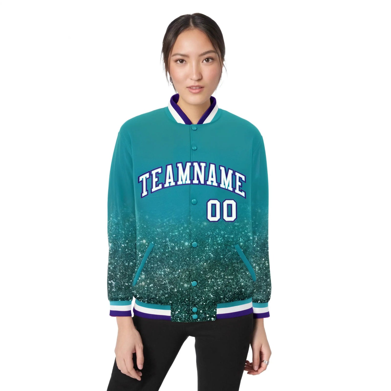 Custom Aqua Varsity Full-Snap Sequins Pattern Letterman Baseball Jacket