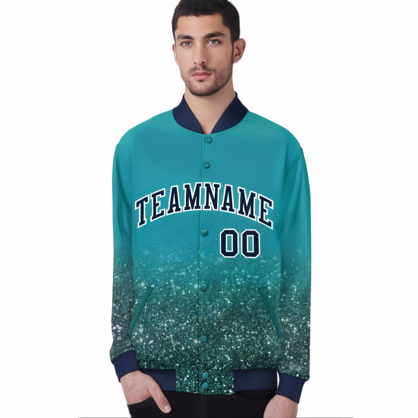 Custom Aqua Varsity Full-Snap Sequins Pattern Letterman Baseball Jacket