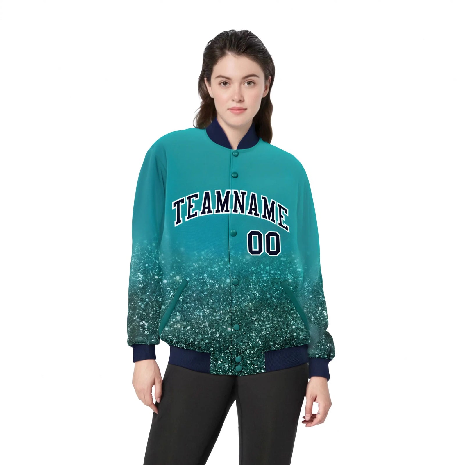 Custom Aqua Varsity Full-Snap Sequins Pattern Letterman Baseball Jacket