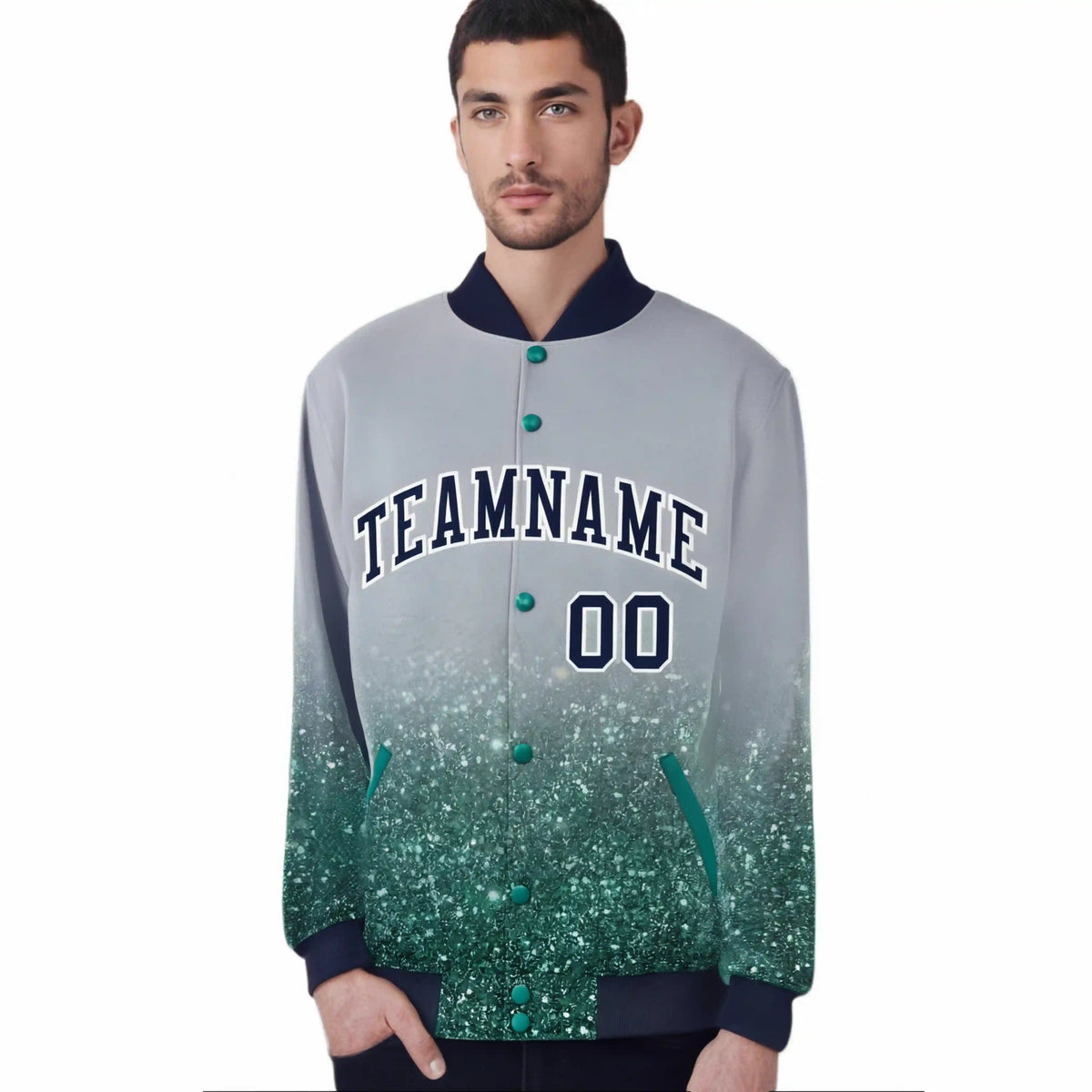 Custom Gray Varsity Full-Snap Sequins Pattern Letterman Baseball Jacket