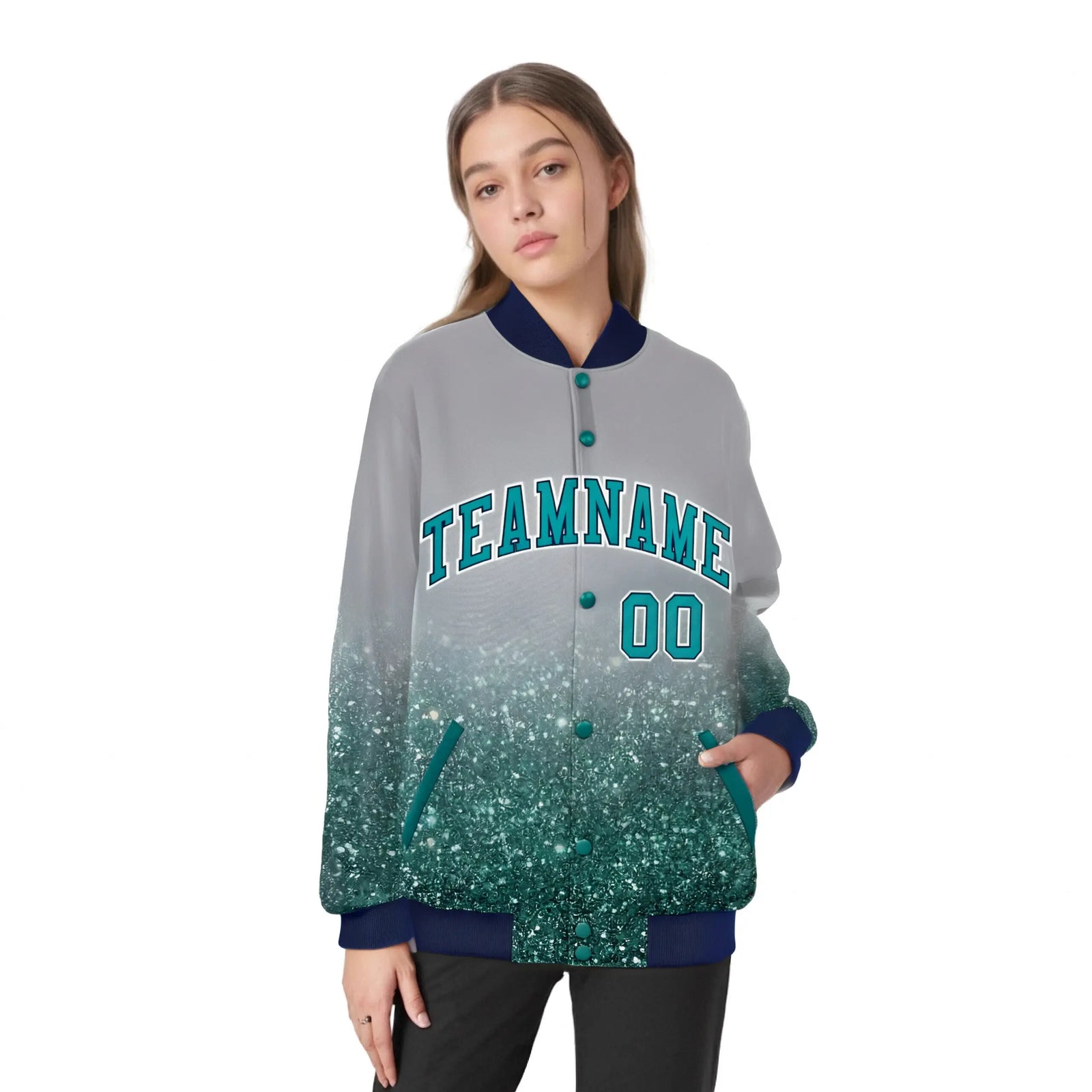 Custom Gray Varsity Full-Snap Sequins Pattern Letterman Baseball Jacket