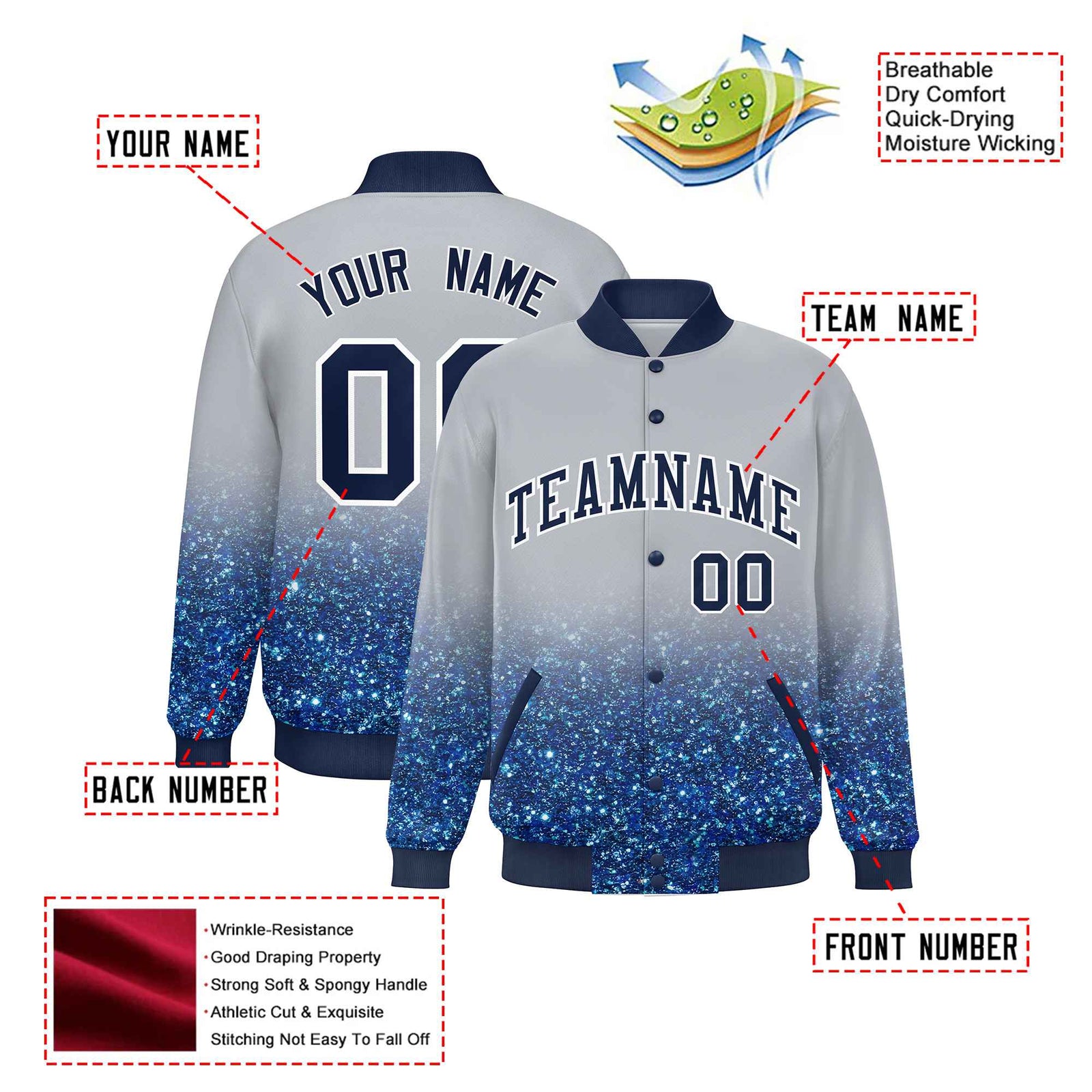 Custom Gray Varsity Full-Snap Sequins Pattern Letterman Baseball Jacket