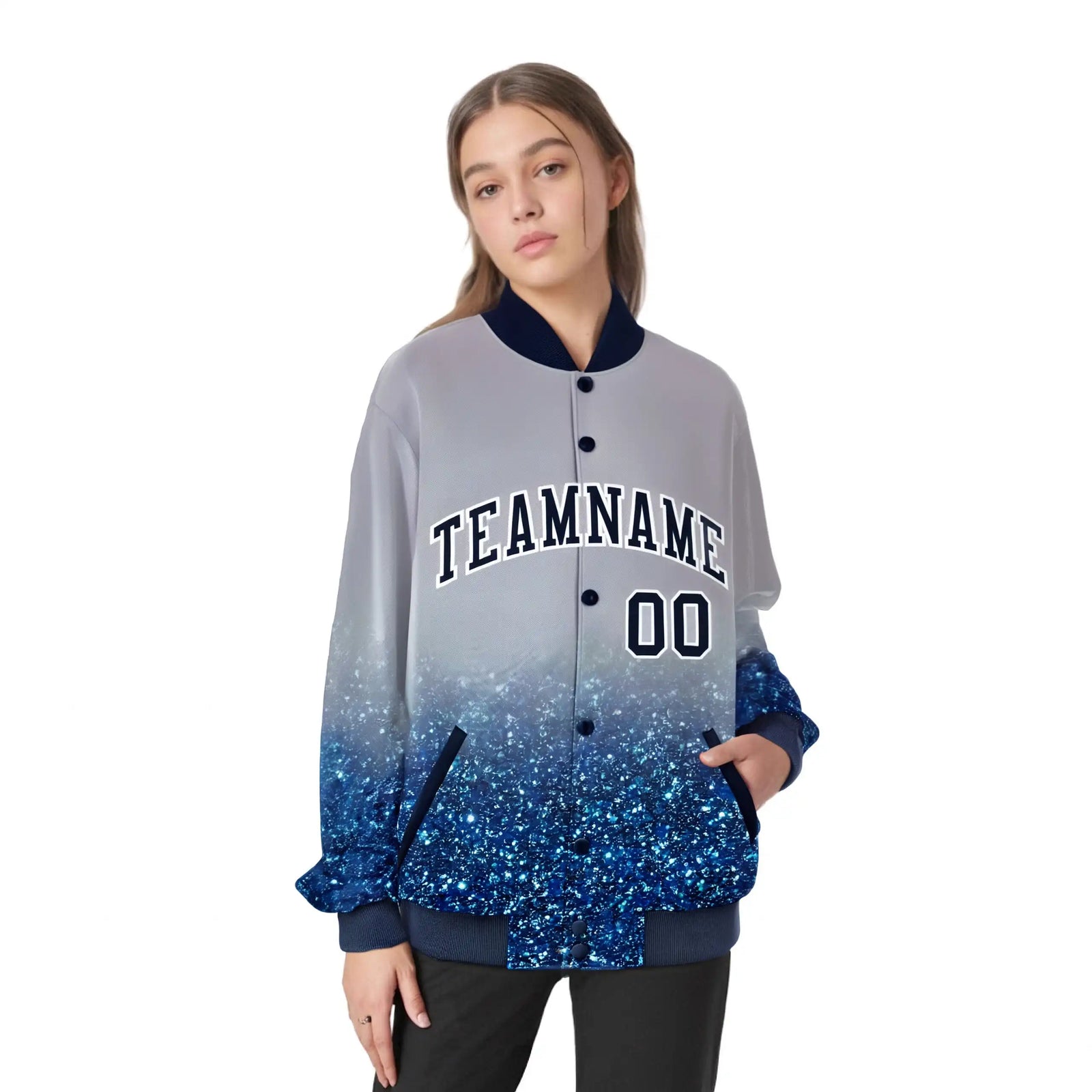 Custom Gray Varsity Full-Snap Sequins Pattern Letterman Baseball Jacket