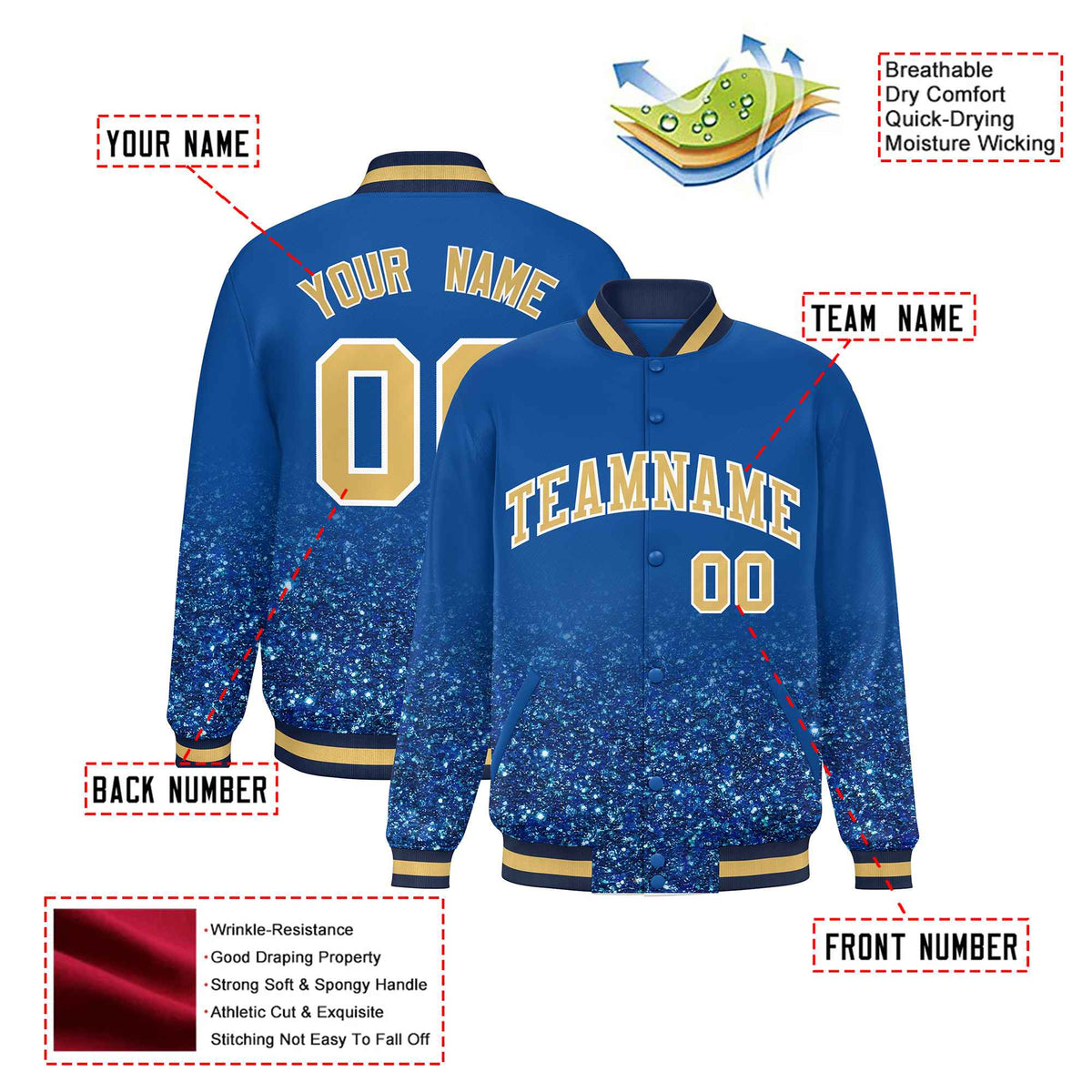 Custom Royal Blue Varsity Full-Snap Sequins Pattern Letterman Baseball Jacket