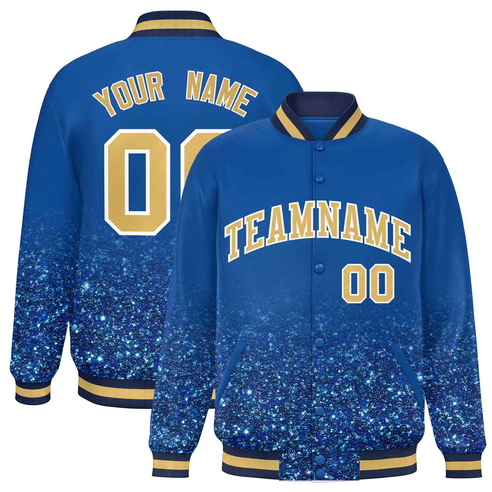 Custom Royal Blue Varsity Full-Snap Sequins Pattern Letterman Baseball Jacket