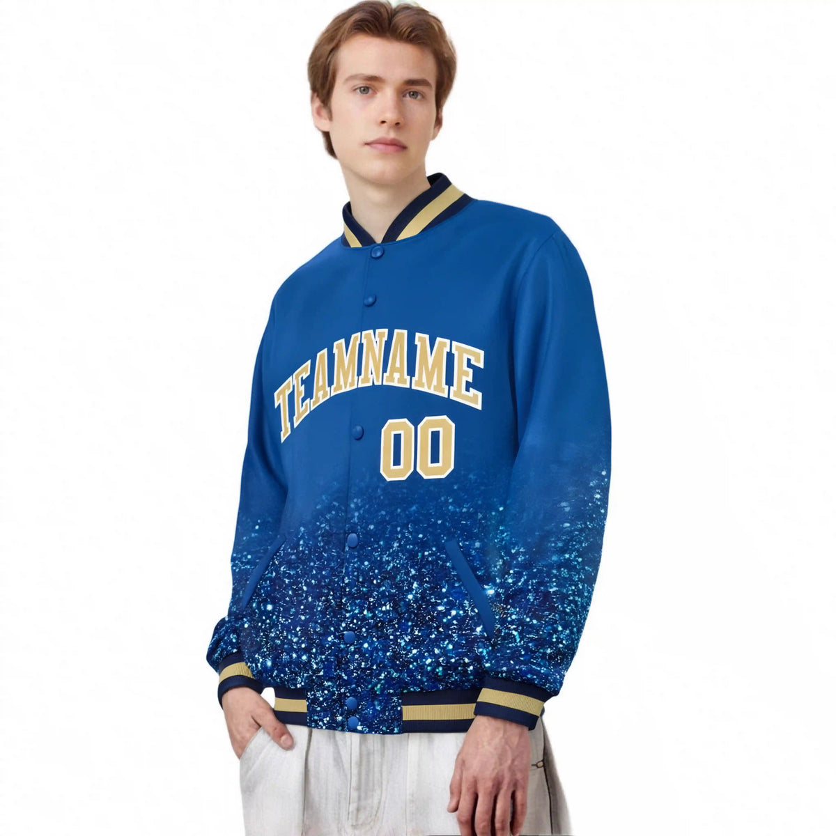 Custom Royal Blue Varsity Full-Snap Sequins Pattern Letterman Baseball Jacket