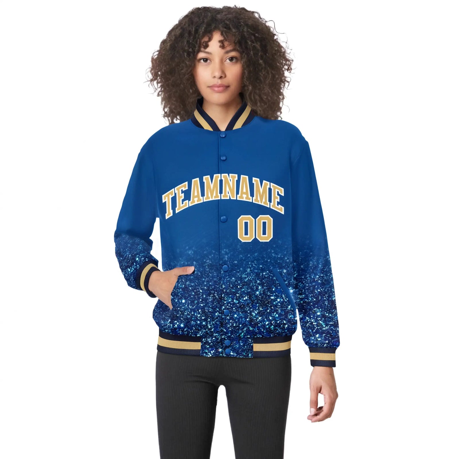 Custom Royal Blue Varsity Full-Snap Sequins Pattern Letterman Baseball Jacket