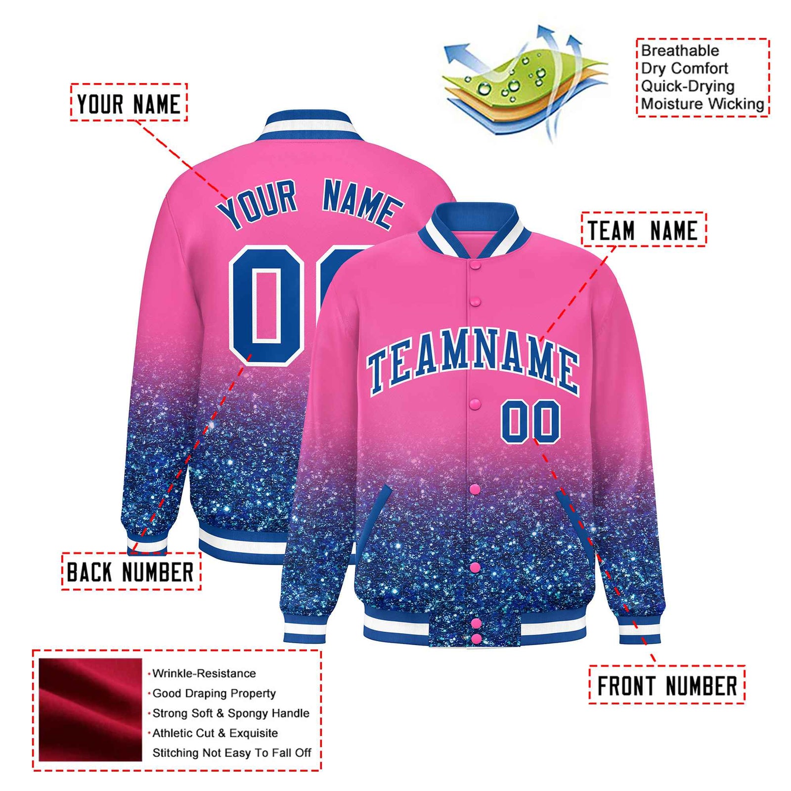 Custom Pink Varsity Full-Snap Sequins Pattern Letterman Baseball Jacket